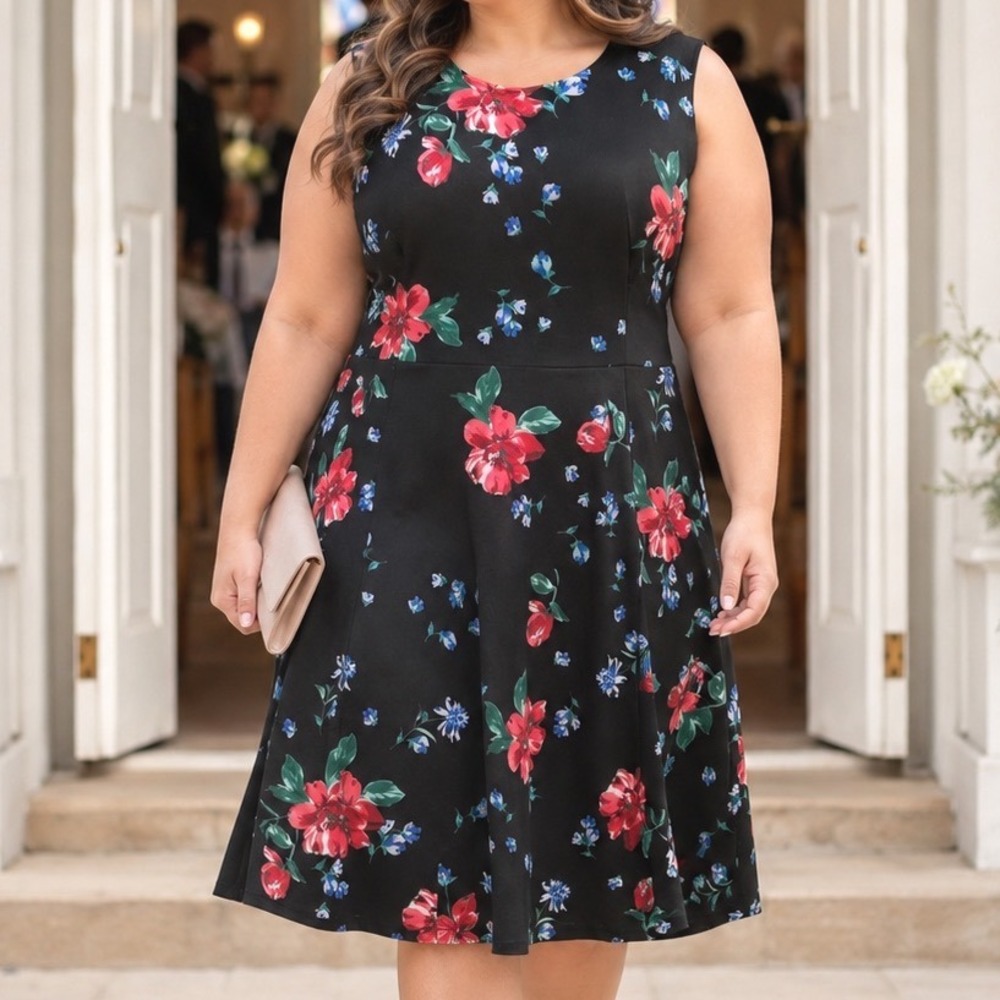 Calvin Klein Women 22W Floral Scuba Sleeveless Fit Flare Midi Dress‎ Black CR4